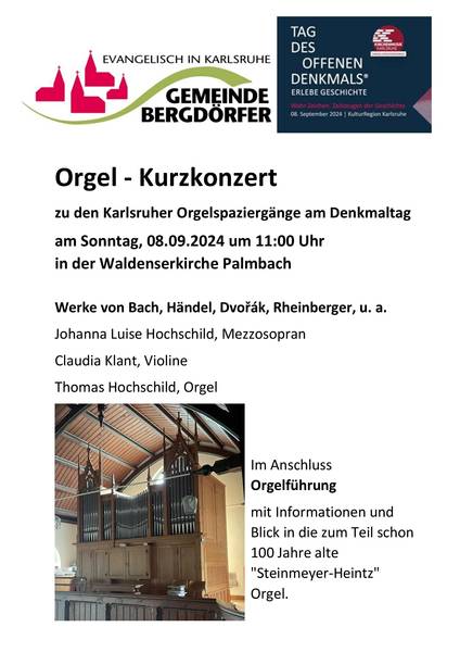 Plakat für das Orgelkonzert am Denkmaltag in der Waldenserkirche